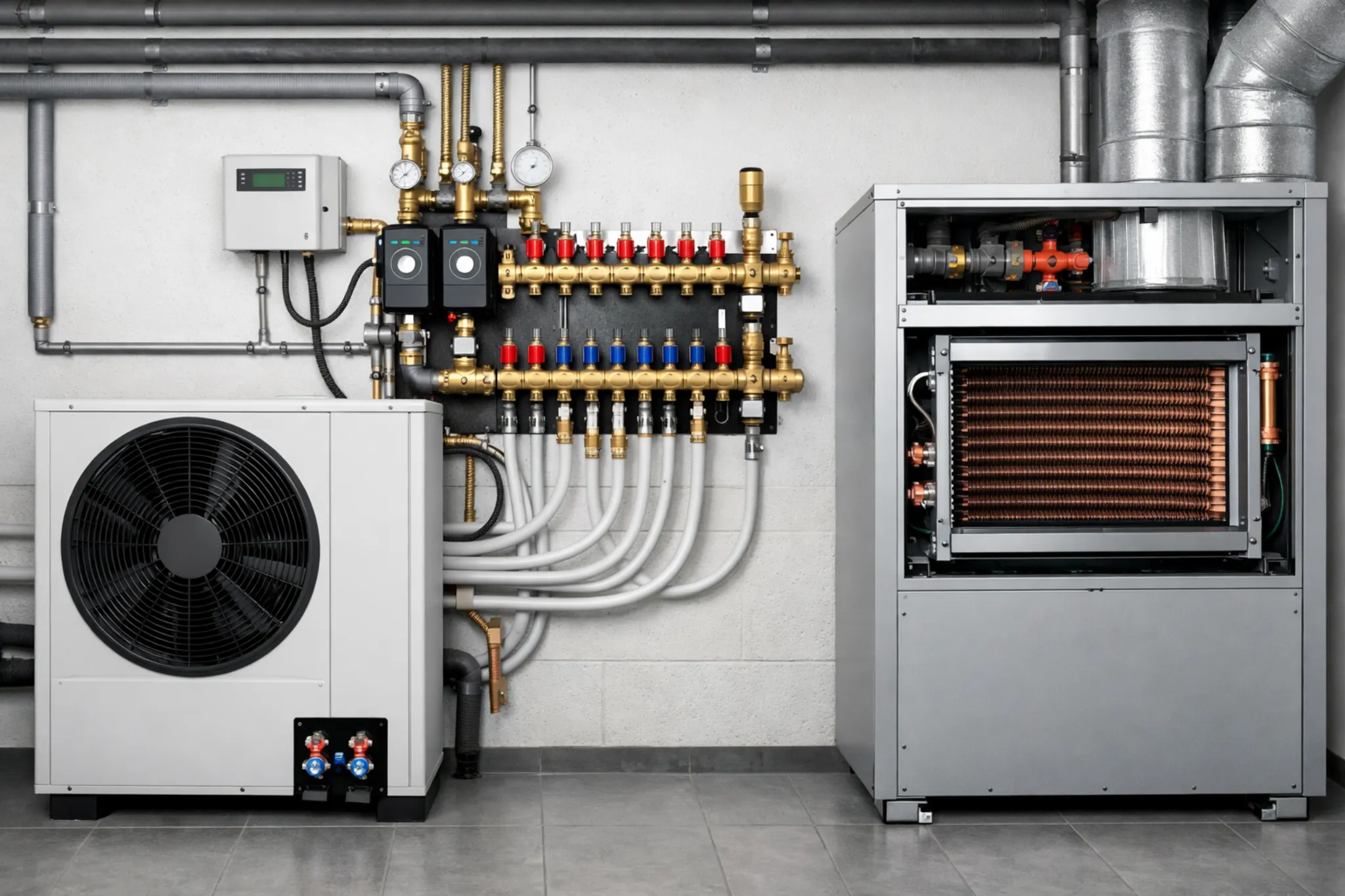 pompa ciepła / rozdzielacz / nagrzewnica w centrali.